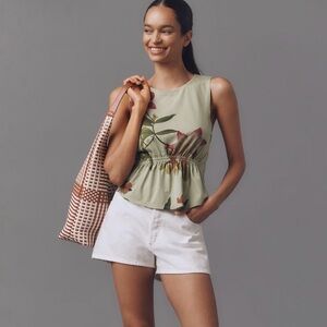 Anthropologie Green Floral Cotton Gathered Tank Top